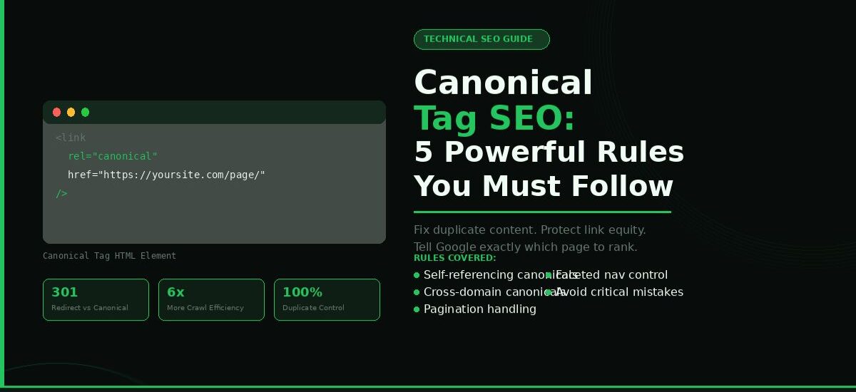 Canonical tag SEO guide showing 5 powerful rules to fix duplicate content and help Google index the right pages