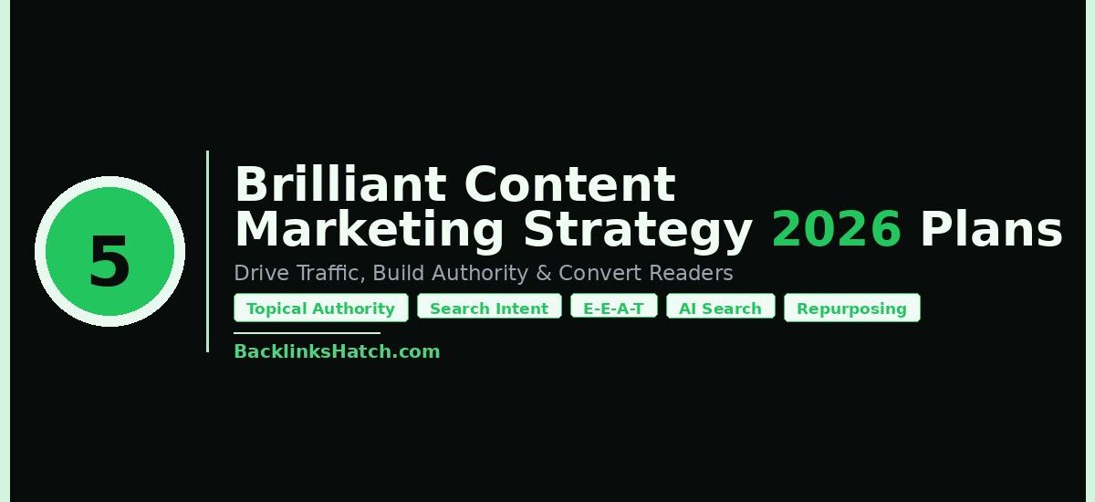 5 brilliant content marketing strategy 2026 plans infographic showing topical authority, search intent, E-E-A-T, AI search, and content repurposing tips