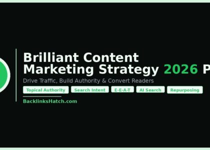 5 brilliant content marketing strategy 2026 plans infographic showing topical authority, search intent, E-E-A-T, AI search, and content repurposing tips