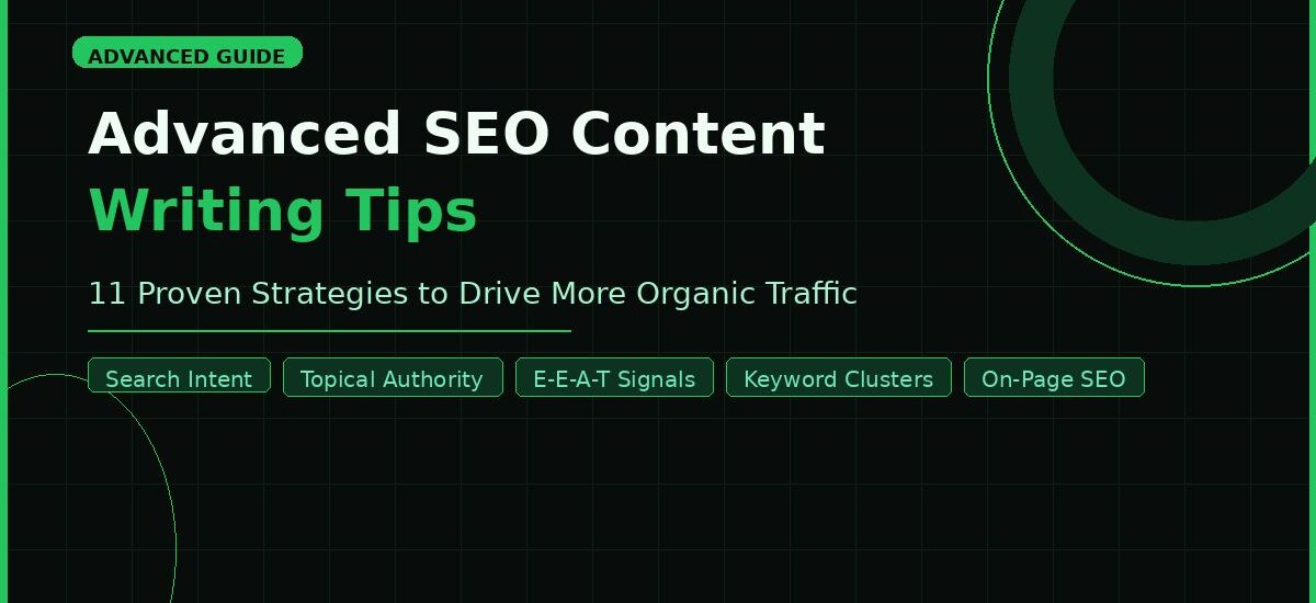 11 advanced SEO content writing tips infographic by BacklinksHatch showing strategies for more organic traffic
