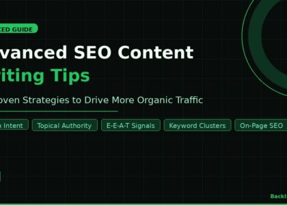 11 advanced SEO content writing tips infographic by BacklinksHatch showing strategies for more organic traffic